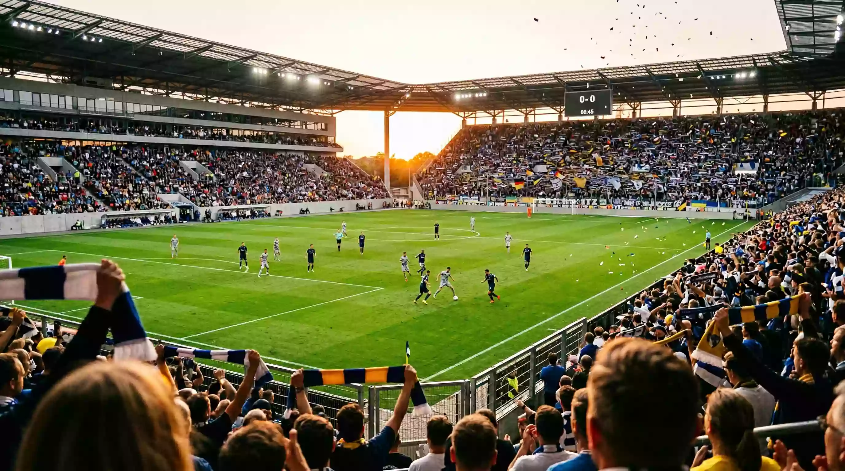 Bundesliga Wetten – Atmosphäre im deutschen Fußballstadion mit Fans und Rasenplatz
